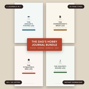 Peut inclure: Un ensemble numérique de quatre journaux de loisirs intitulé The Dad's Hobby Journal Bundle, comprenant des journaux pour la pêche, le brassage, le barbecue et le golf. Chaque couverture présente une icône, un titre et du texte en formats A4 et US Letter.