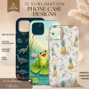 Pode incluir: Uma coleção digital de 15 designs de sublimação para capas de telemóvel com três padrões distintos: um tema aquático azul-petróleo escuro com criaturas marinhas, uma cena de lago azul-claro com um sapo verde e abacaxis amarelos sobre fundo branco.