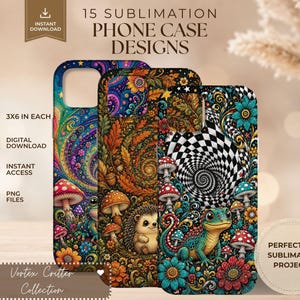 Peut inclure: Trois designs de coques de téléphone aux motifs complexes et vibrants. La coque de gauche présente des tourbillons colorés et des champignons. Celle du milieu montre une forêt aux tons automnaux avec un hérisson. Celle de droite arbore un lézard, des champignons et un motif de vortex en damier noir et blanc.