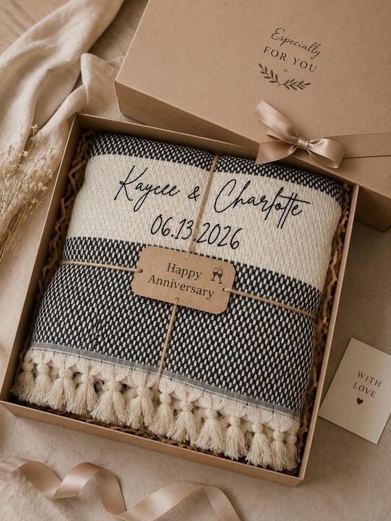 Cotton  Anniversary Gift, Personalized Woven Throw Blanket, Custom Cotton Blanket for Couples, Wedding Anniversary Present