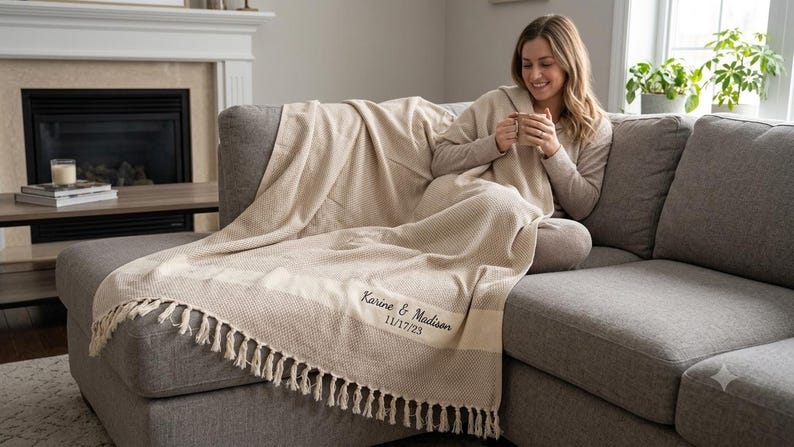 May include: A beige throw blanket with a textured waffle weave pattern and fringe trim on the edges. The blanket features custom embroidery in dark thread that reads Karine & Madison and the date 11/17/23 on a smooth horizontal band.