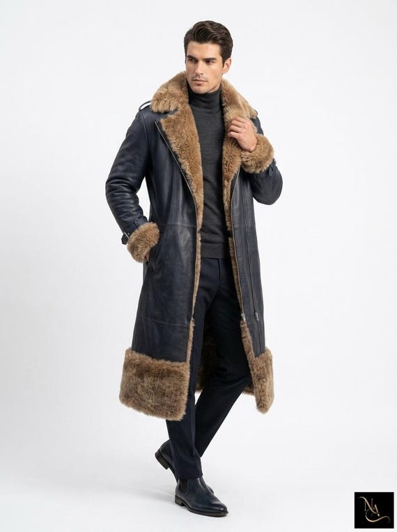 Men's Genuine Leather Shearling Coat, Long Black Leather Winter Coat