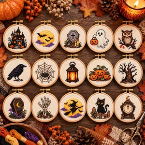 15 Mini Haunted Halloween Cross Stitch Patterns, Gothic Witchy Motifs Embroidery (Digital Download)