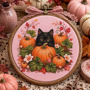 May include: A circular embroidery hoop containing a cross-stitch design of a black cat peeking over a large orange pumpkin. The scene includes smaller pumpkins, green leaves, and autumn-coloured foliage on a light pink fabric background.
