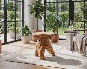 Natural Cedar Wood Stump Stool | Rustic Live Edge Side Table | Wooden Plant Stand
