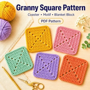 Könnte beinhalten: Eine digitale PDF-Anleitung für ein Granny-Square-Häkelmuster mit dem Text Granny Square Pattern, Coaster, Motif, Blanket Block und PDF Pattern. Fünf bunte gehäkelte Quadrate in Gelb, Pink, Mintgrün, Lila und Orange sind abgebildet.