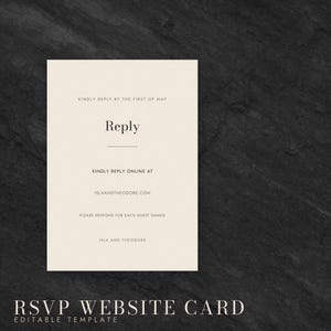 Könnte beinhalten: Eine rechteckige, cremefarbene Antwortkarte mit schwarzem Text, der lautet: Kindly reply by the first of May, Reply, Kindly reply online at islaandtheodore.com, Please respond for each guest named, Isla and Theodore.