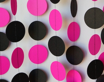 Hot Pink & Black Party Decoration, Hot Pink Paper Garland, Bridal Shower Decor, Pink / Black Birthday Decoration, 10 ft. long