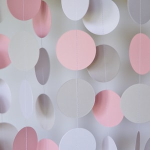 Pink, Gray & White Circle Paper Garland, Wedding Decor, Birthday Party, Baby Shower, Baby's First Birthday, 10 feet long image 1