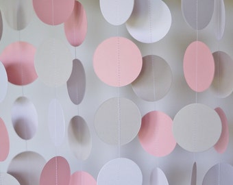 Pink, Gray & White Circle Paper Garland, Wedding Decor, Birthday Party, Baby Shower, Baby's First Birthday, 10 feet long