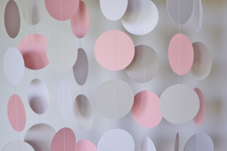 Pink, Gray & White Circle Paper Garland, Wedding Decor, Birthday Party, Baby Shower, Baby's First Birthday, 10 feet long image 1