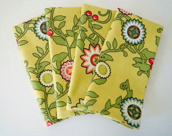 Mustard Yellow Jacobean Floral Print Cloth Napkins, Everyday Easy Care, Eco-Friendly 100% Cotton Fabric Napkins, Set of 4, Christmas Gift