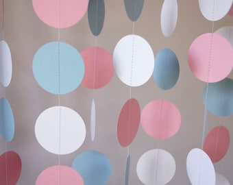 Pink / Blue / White Circle Paper Garland, Baby Shower, Gender Reveal Party, Nursery Decor, 10 ft. long