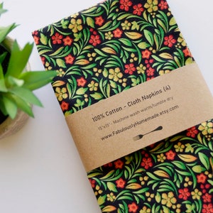 Sweet Botanical Flowers Cloth Napkins, Green / Gold / Orange, Set of 4, 100% Cotton Fabric Napkins, Luncheon Size, Ready to Ship image 3