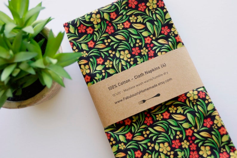 Sweet Botanical Flowers Cloth Napkins, Green / Gold / Orange, Set of 4, 100% Cotton Fabric Napkins, Luncheon Size, Ready to Ship image 3