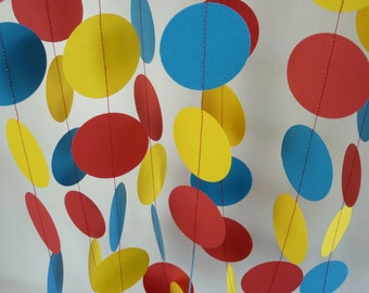 Red, Yellow, Blue Children's Birthday Party Decoration, Bright Circus Decor, Paper Garland,10 ft.