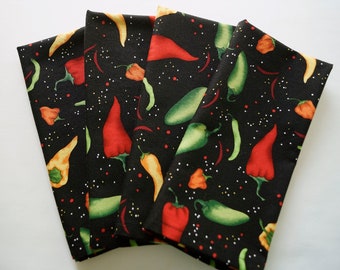 Hot Chili Pepper Cloth Napkins, Southwest Kitchen Decor, Jalapeno Print with Black Background, 100% Cotton, Ready to Ship, Set of 4