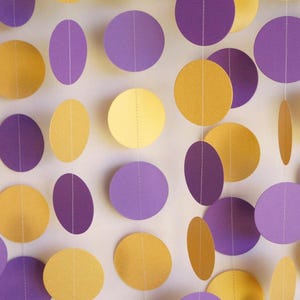 Purple and Gold shimmer Garland, Graduation Decoration, Purple Bridal Shower, Birthday Party Decor, Paper Circle Garland, 10 ft. image 1