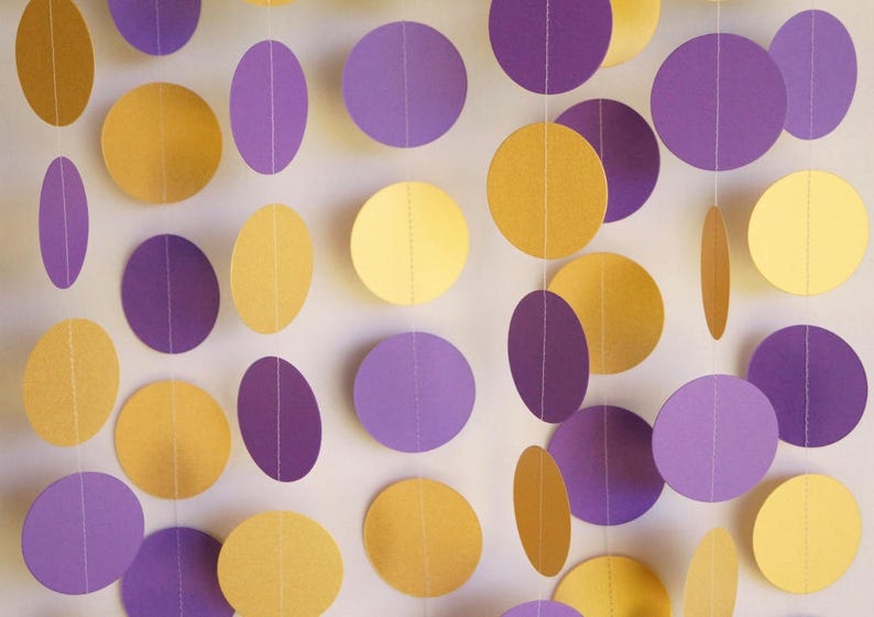 Purple and Gold shimmer Garland, Graduation Decoration, Purple Bridal Shower, Birthday Party Decor, Paper Circle Garland, 10 ft. image 1