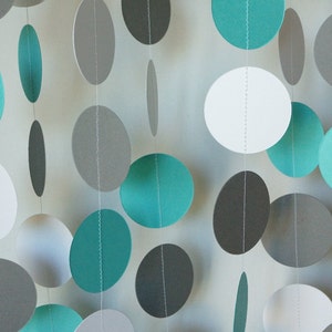 Teal / Gray / White Circle Paper Garland, Teal Gray Baby Shower Decor, Teal, Gray Wedding, Teal Birthday Party Decor, 10 feet long