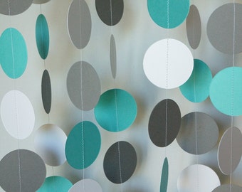 Teal / Gray / White Circle Paper Garland, Teal Gray Baby Shower Decor, Teal, Gray Wedding, Teal Birthday Party Decor, 10 feet long