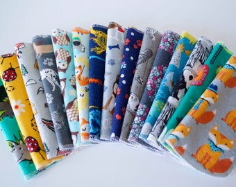 Assorted Kid's Napkins, Set of 15, Toddler Cotton Flannel Wipes, Boy and Girl Prints, Reusable Children's Cloth Napkins, Ready to Ship