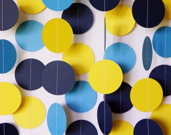 Boys Birthday Decoration, Navy, Yellow & Blue Circle Garland, Paper Dots, Baby Shower Decor, 10 ft. long