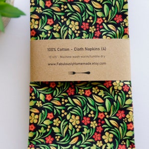 Sweet Botanical Flowers Cloth Napkins, Green / Gold / Orange, Set of 4, 100% Cotton Fabric Napkins, Luncheon Size, Ready to Ship image 4