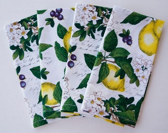 Fresh Lemon Print Cloth Napkins, Everyday Easy Care, Eco-Friendly 100% Cotton Fabric Napkins, Set of 4, Housewarming or Christmas Gift