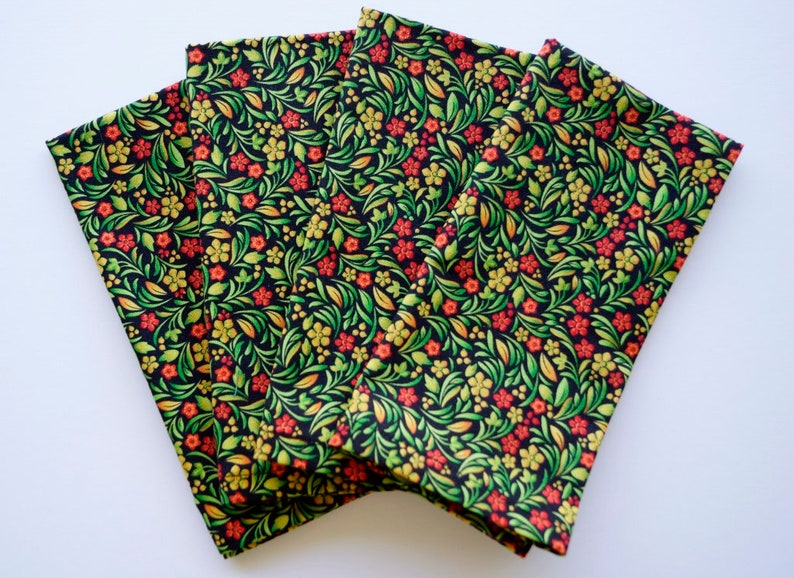 Sweet Botanical Flowers Cloth Napkins, Green / Gold / Orange, Set of 4, 100% Cotton Fabric Napkins, Luncheon Size, Ready to Ship image 1