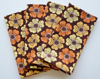 Mid Century Modern Floral Print Cloth Napkins, Set of 4, MCM Brown / Yellow / Orange Reusable Eco Friendly Fabric Napkins, Ready to Ship