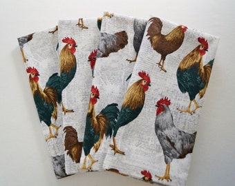 Rooster / Chicken Print Cloth Napkins, Everyday Easy Care, Eco-Friendly 100% Cotton Fabric Napkins, Set of 4, Farmhouse Christmas Gift