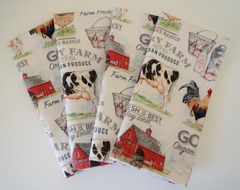 Farm Theme Cloth Napkins, Cows/Pigs/Sheep/Rooster/Eggs/Barn/Tractor Print, 100% Cotton, Ready to Ship, Set of 4