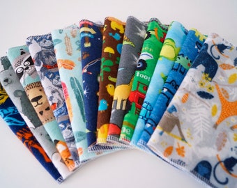 Little Boy's Cloth Napkins Set of 12 Assorted Prints, Children’s Lunchbox Napkins, Kids Everyday Reusable Cloth Napkins, Ready to Ship