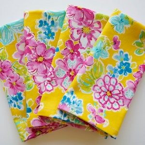 Summery Yellow / Pink Floral Cloth Napkins, Set of 4, 100% Cotton Fabric Napkins, Everyday Size, Patio Party, Ready to Ship