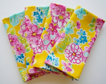 Summery Yellow / Pink Floral Cloth Napkins, Set of 4, 100% Cotton Fabric Napkins, Everyday Size, Patio Party, Ready to Ship