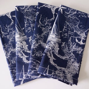 Navy & White Nautical Napkins, Set of 4, Luncheon Size, Reusable Napkins, Eco Friendly 100% Cotton Fabric, Ready to Ship