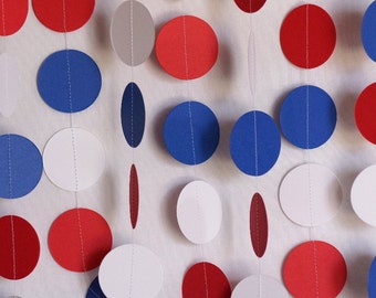 Red, White and Blue Garland, Patriotic Decoration, Paper Circle Garland, 4th of July Decor, 10 ft. long