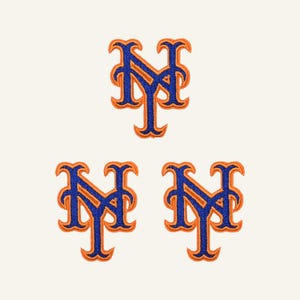May include: Three embroidered patches featuring the interlocking NY logo in royal blue thread with a vibrant orange border. The design consists of one patch positioned above two identical patches arranged side by side, all on a plain background.