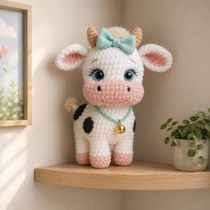 May include: A white and black crocheted cow plush toy featuring a pink snout, large blue eyes with long eyelashes, and a light blue bow on its head. The cow wears a light blue cord necklace with a small gold bell hanging from the center.