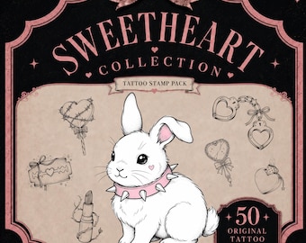 Set med 50 Procreate penselstämplar, Y2K Sweetheart-kollektion, linjearbete och skuggade PNG-designer