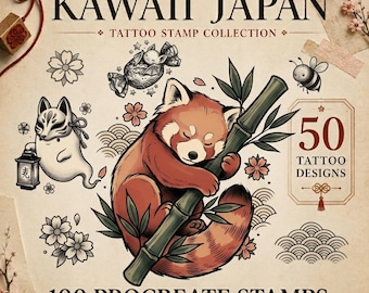 Op de afbeelding: Een digitale collectie getiteld KAWAII JAPAN TATTOO STAMP COLLECTION met 50 tattoo-ontwerpen en 100 Procreate-stempels. De illustratie toont een rode panda die op een bamboestengel slaapt, een geest met een vossenmasker, een bij en bloemen.