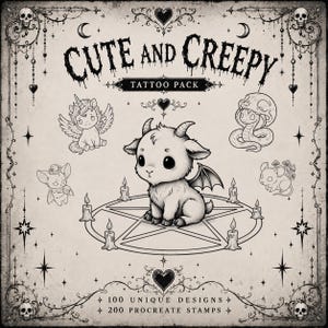 Könnte beinhalten: Ein digitales Tattoo-Pack-Blatt mit dem Titel CUTE AND CREEPY TATTOO PACK mit 100 einzigartigen Designs und 200 Procreate-Stempeln. Die Abbildung zeigt eine zentrale Ziegenkreatur mit Flügeln auf einem Pentagramm mit Kerzen.