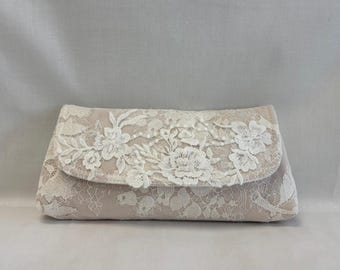Ivory lace flower clutch with nude underlay
