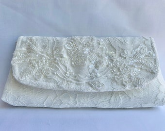 Ivory Wedding Clutch with Beaded White Lace