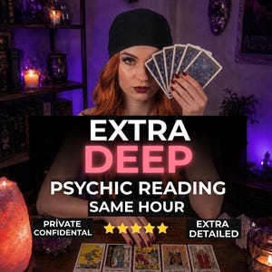 May include: A psychic reading service advertisement featuring text that reads EXTRA DEEP PSYCHIC READING SAME HOUR, PRIVATE CONFIDENTIAL, and EXTRA DETAILED, with five yellow stars, tarot cards held in a fan, and five tarot cards laid out on a table.