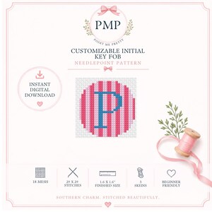 May include: A digital needlepoint pattern for a customizable initial key fob featuring a circular design with pink and white vertical stripes and a blue letter P. Includes text: PMP Point Me Pretty, Customizable Initial Key Fob, Instant Digital Download.