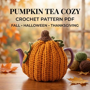 May include: A pumpkin-shaped tea cosy made of orange crochet yarn with a brown stem and green curly vines, covering a purple teapot. The text PUMPKIN TEA COZY CROCHET PATTERN PDF FALL HALLOWEEN THANKSGIVING is displayed above the teapot.