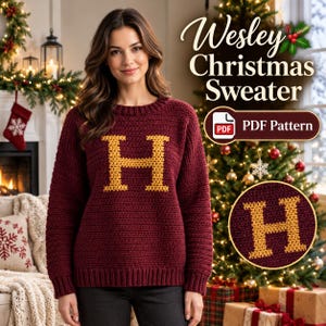 Crochet Christmas Women's Sweater Pattern | Lettered Pullover PDF | Initial Colorwork Sweater | Video Tutorial + So Easy Visual Guide PDF