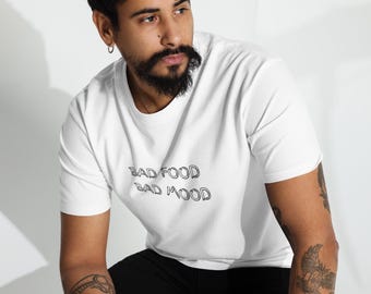 Camiseta "Bad Food Bad Mood" (Comida mala, mal humor), estilo grunge streetwear, algodón grueso.
